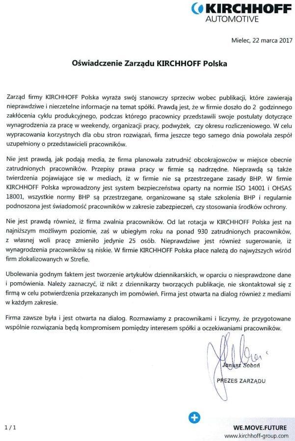 Pełna treść oświadczenia Kirchhoff Polska